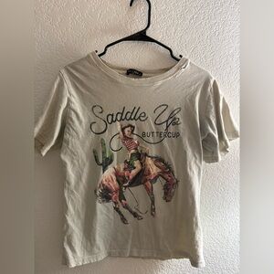 Butter Cream Graphic Tee with Distressed Neckline